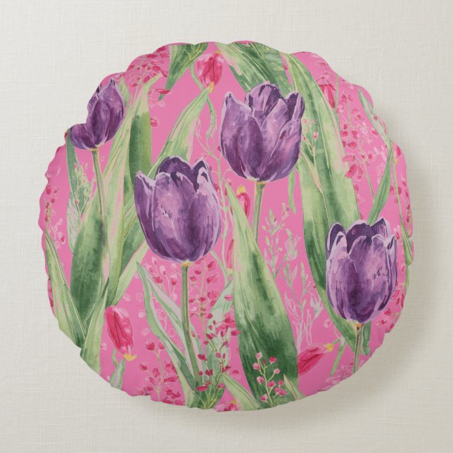 Lovely, Purple,Shocking Pink Tulip Flowers Pattern Rond Kussen (Voorkant)