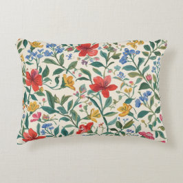 Lovely, Red Yellow Blue Flowers and Leaves Pattern Accent Kussen