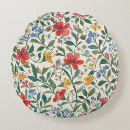 Lovely, Red Yellow Blue Flowers and Leaves Pattern Rond Kussen