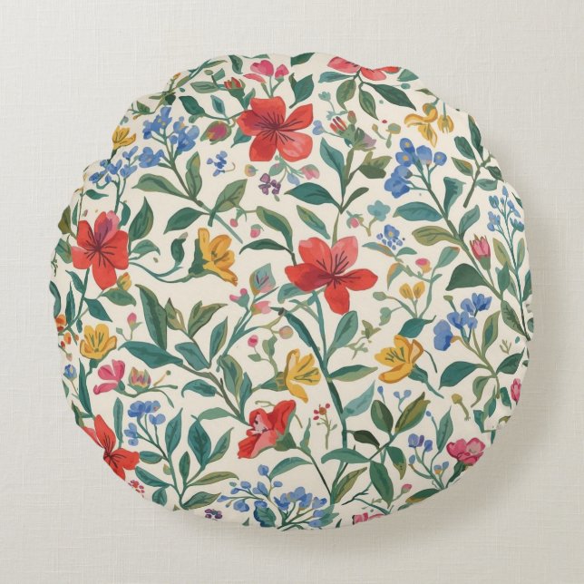 Lovely, Red Yellow Blue Flowers and Leaves Pattern Rond Kussen (Voorkant)