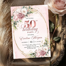Lovely Rose Gold Blush Flowers 50th Birthday Party Kaart