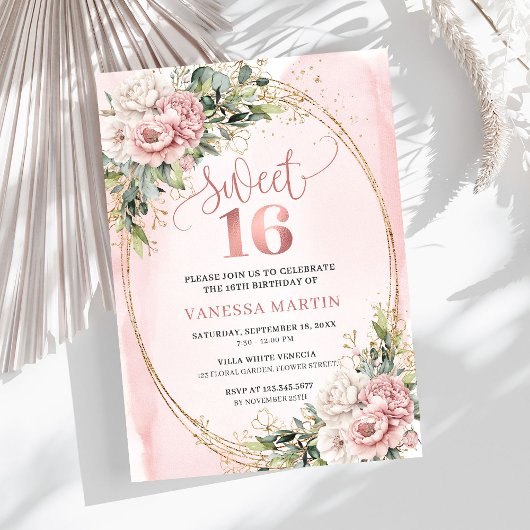 Lovely Rose Gold Flowers Eucalyptus 16th Birthday  Kaart