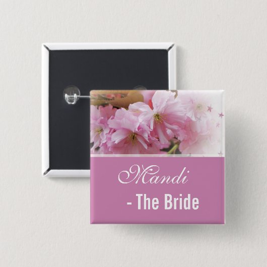 Lovely roze cherry blossom spring bruiloft bruin vierkante button 5,1 cm (Voorkant /achterkant)