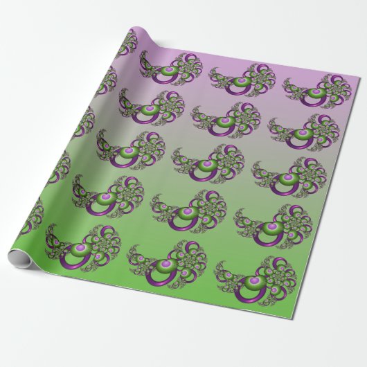 Lovely roze Green Hearts Modern Abstract Fractal Cadeaupapier (Uitgerold)