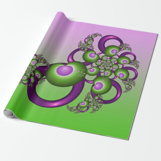Lovely roze Green Hearts Modern Abstract Fractal Cadeaupapier (Uitgerold)