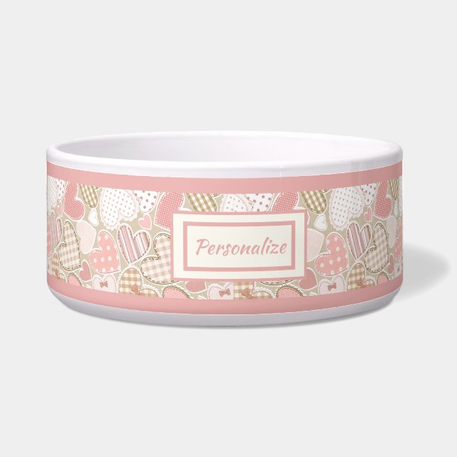 Lovely roze Patchwork Quilt Heart Pattern Cat Dog Voerbakje (Voorkant)