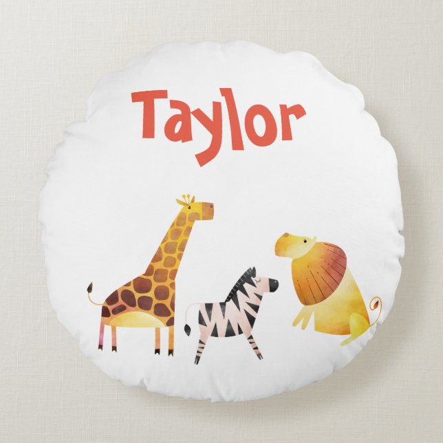 Lovely Safari Giraffe Lion en Zebra Rond Kussen (Voorkant)