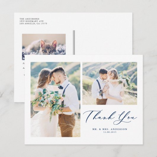 Lovely Script Blue Two Photo Collage Hartelijk dan Briefkaart (Voorkant / Achterkant)