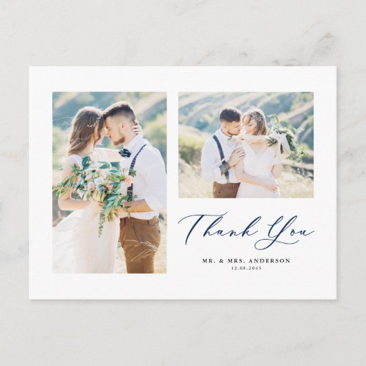 Lovely Script Blue Two Photo Collage Hartelijk dan Briefkaart (Voorkant)