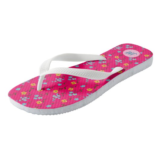 Lovely Summerflower Roze Yellow Blue + Monogram Teenslippers (Schuin)