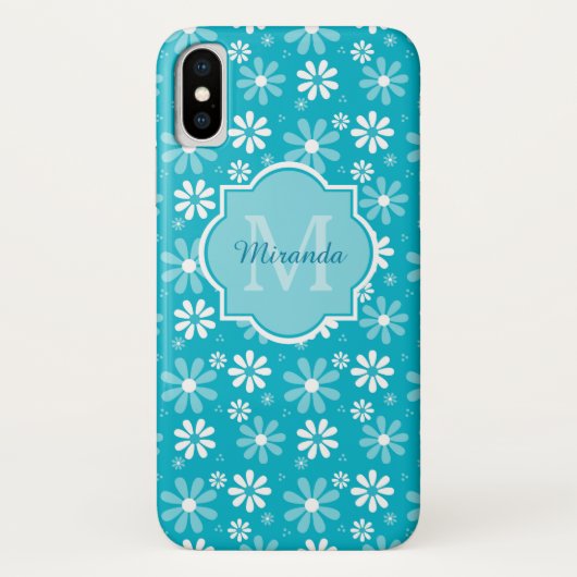 Lovely Turquoise Daisy Flowers Monogram en naam Case-Mate iPhone Case (Achterkant)