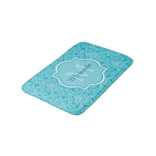 Lovely Turquoise Damask Patroonmonogram met naam Badmat (Gekanteld)