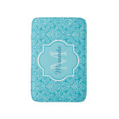 Lovely Turquoise Damask Patroonmonogram met naam Badmat (Voorkant Verticaal)