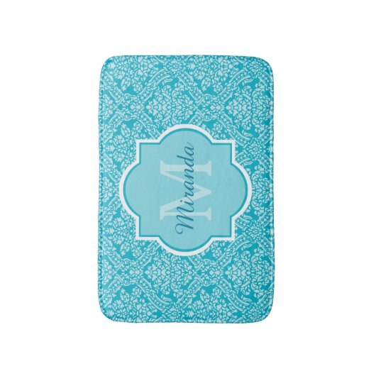 Lovely Turquoise Damask Patroonmonogram met naam Badmat (Voorkant Verticaal)
