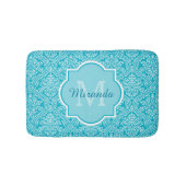 Lovely Turquoise Damask Patroonmonogram met naam Badmat (Voorkant)