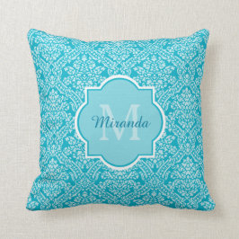 Lovely Turquoise Damask Patroonmonogram met naam Kussen