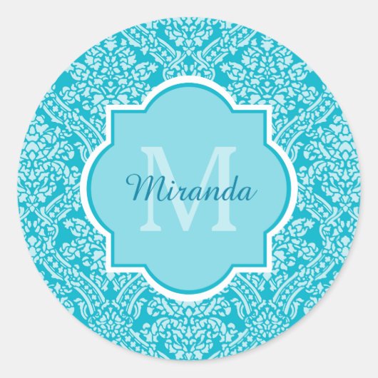 Lovely Turquoise Damask Patroonmonogram met naam Ronde Sticker (Voorkant)