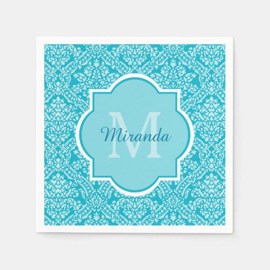 Lovely Turquoise Damask Patroonmonogram met naam Servetten (Voorkant)