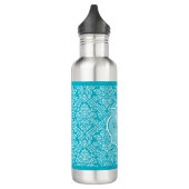 Lovely Turquoise Damask Patroonmonogram met naam Waterfles (Links)