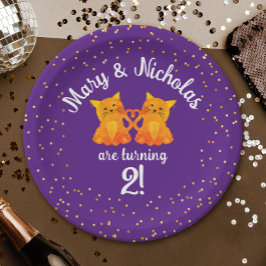 Lovely Twins Birthday Kittens Cartoon Partij Paars Papieren Bordje