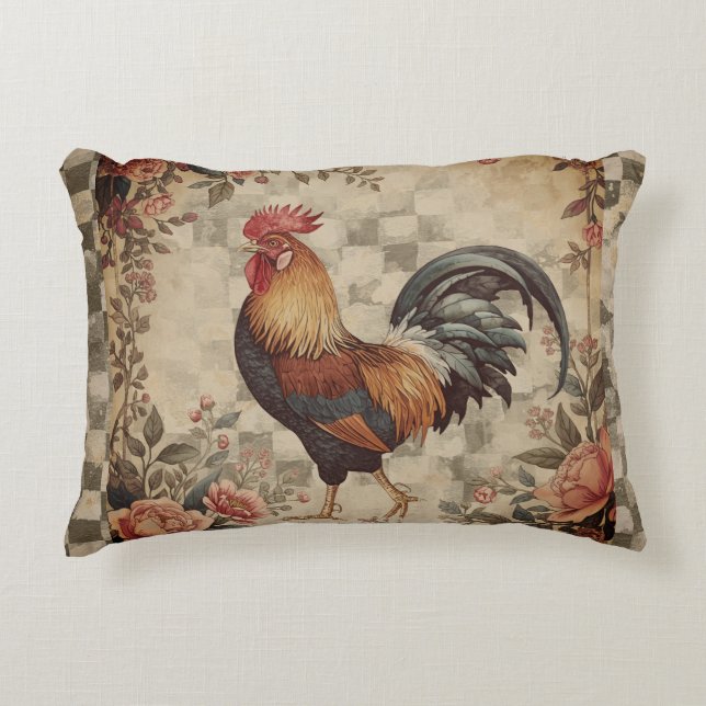 Lovely Vintage Rooster ,Flowers Pattern, Checke Accent Kussen (Voorkant)