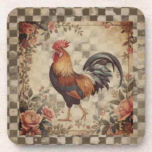 Lovely Vintage Rooster ,Flowers Pattern, Checke Bier Onderzetter (Voorkant)