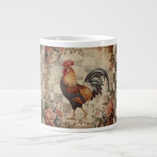 Lovely Vintage Rooster ,Flowers Pattern, Checke Grote Koffiekop (Voorkant)