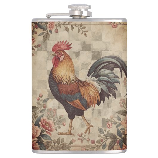 Lovely Vintage Rooster ,Flowers Pattern, Checke Heupfles (Voorkant)