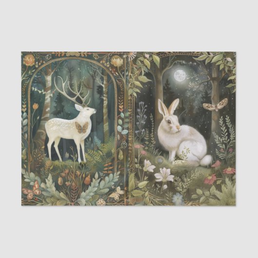 Lovely White Deer & Rabbit in the Forest Moonlight Tissuepapier (Voorkant)