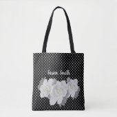 Lovely White Gardenia Flower Black White Polka Dot Tote Bag (Voorkant)