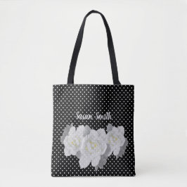 Lovely White Gardenia Flower Black White Polka Dot Tote Bag