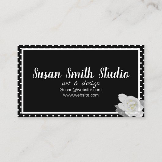 Lovely White Gardenia Flower Black White Polka Dot Visitekaartje (Achterkant)