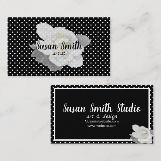 Lovely White Gardenia Flower Black White Polka Dot Visitekaartje (Voorkant / Achterkant)