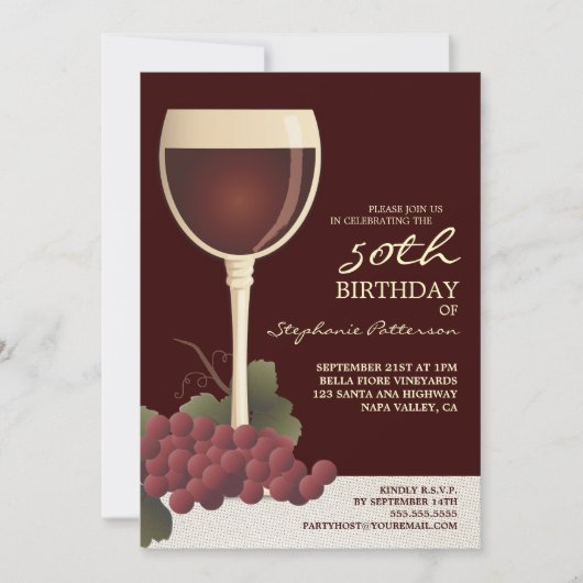 Lovely Wine & Grapes 50th Birthday Invitation Kaart (Voorkant)
