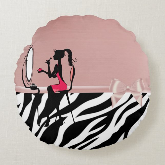 Lovely Zebra Print,Ribbon Bow,Women Silhouette Rond Kussen (Voorkant)