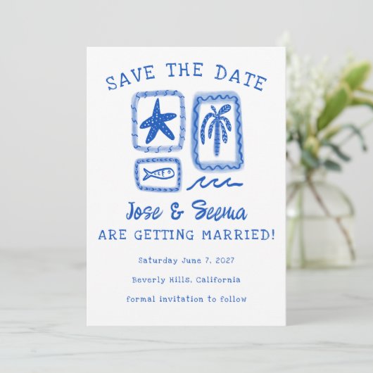 LoveNote van het Zee Beach Hand-Drawn Schattige Cu Save The Date (Staand voorkant)