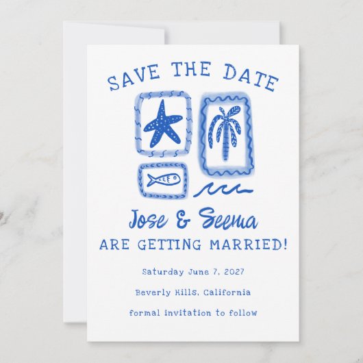 LoveNote van het Zee Beach Hand-Drawn Schattige Cu Save The Date (Voorkant)