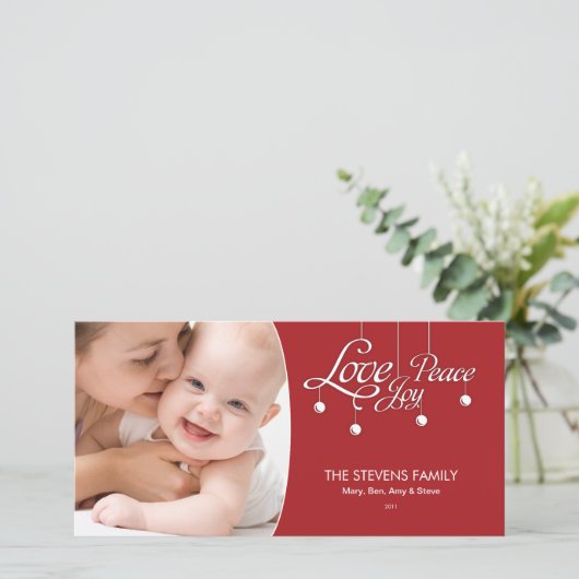 LovePeaceJoy Hangend ornament Premium fotokaart Feestdagenkaart (Staand voorkant)