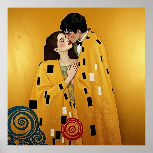 Lover Paar Kussen in Goud ❤️ Nouveau Art Poster (Voorkant)