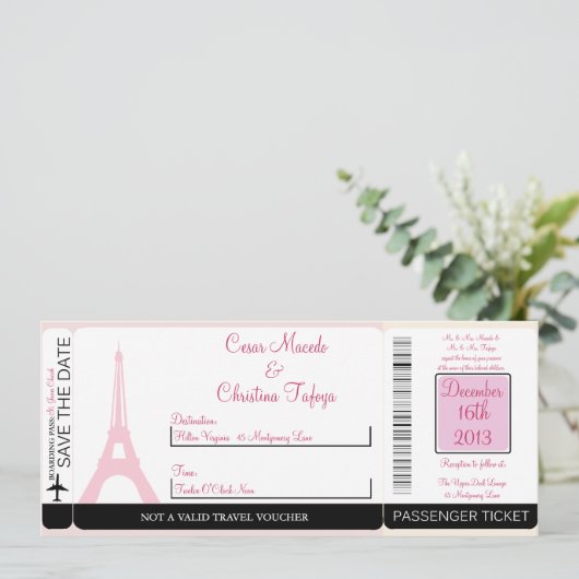 Lovers in Paris boarding Pass Wedding Invitation Kaart (Staand voorkant)