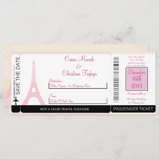 Lovers in Paris boarding Pass Wedding Invitation Kaart (Voorkant / Achterkant)