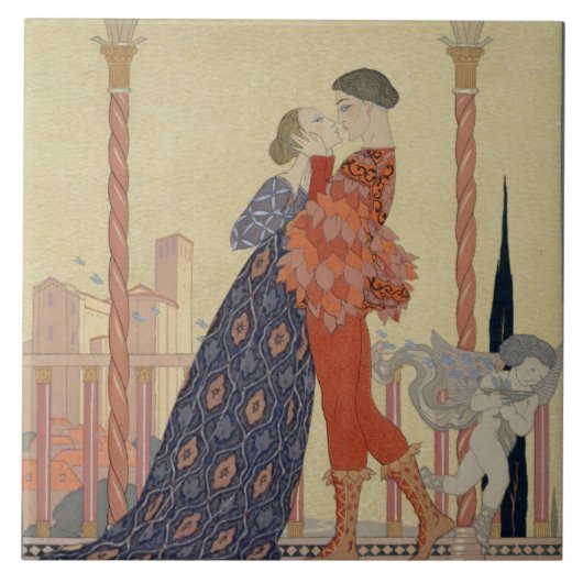 Lovers op een balkon (m/v op papier) tegeltje (Voorkant)