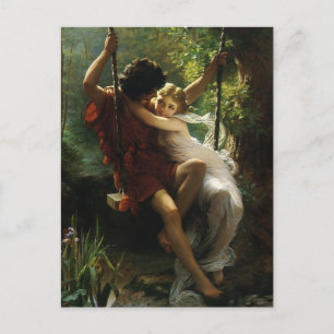 Lovers op een Swing. Lente, sparen de Datum Aankondigingskaart