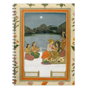 Lovers op een terras door een moonlit meer van de notitieboek