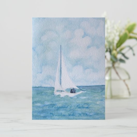 Lovers op een zeilboot - Bewaar de datum Save The Date (Staand voorkant)