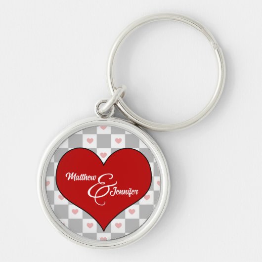 Lover's Red Heart Checkerboard met naam Sleutelhanger (Voorkant)