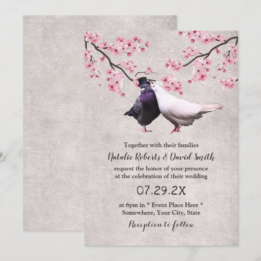 Lovevogels en Cherry Blossom Floral Wedding Kaart (Voorkant / Achterkant)