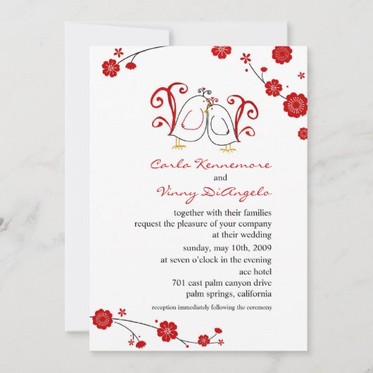 Lovevogels en Cherry Blossom Wedding Invitations Kaart (Voorkant)