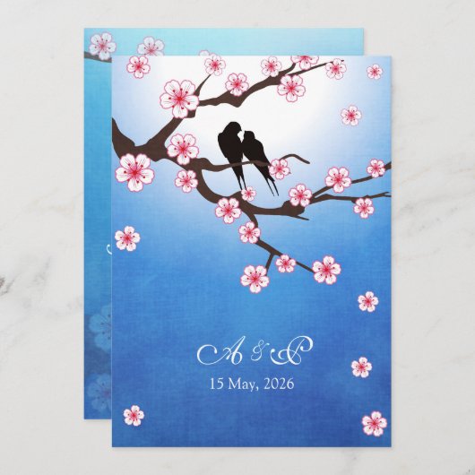 Lovevogels en Sakura - Blauwe achtergrond Kaart (Voorkant / Achterkant)