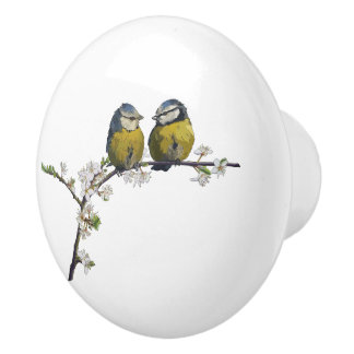 Lovevogels op een kerry blossom tak wit keramische knop